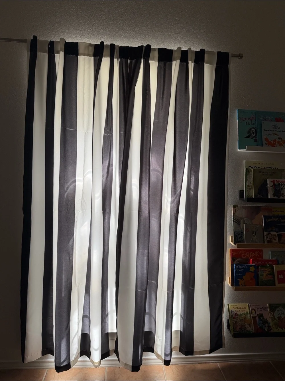Half Moon Pair of Black and White Vertical Stripe Panel Curtains 52 x 84